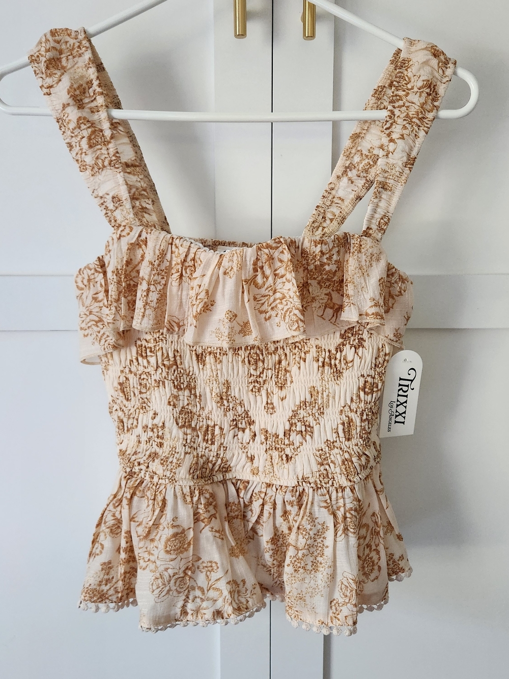 Trixxi Beige Floral Smocked Ruffle Tank Top